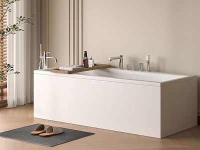 White Freestanding Bathtub in Bathroom with Beige Walls Bath Products Mat Slippers and Plants 3d model