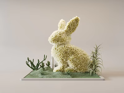 Artistic Indoor Landscape With Rabbit Sculpture Made Of Flowers And Green Plants On White Base 3d model