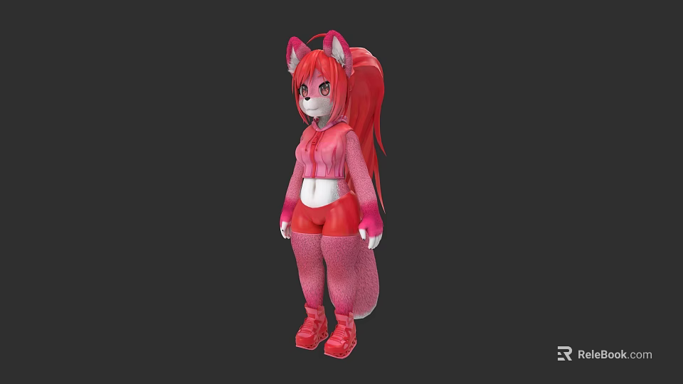 Anime Style Game Movie Character With Red Long Hair And Cat Ears In Pink Outfit Design 3d model 
