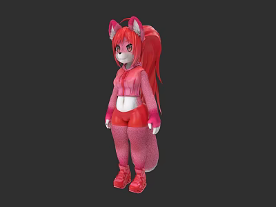 Anime Style Game Movie Character With Red Long Hair And Cat Ears In Pink Outfit Design 3d model
