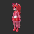 Anime Style Game Movie Character With Red Long Hair And Cat Ears In Pink Outfit Design