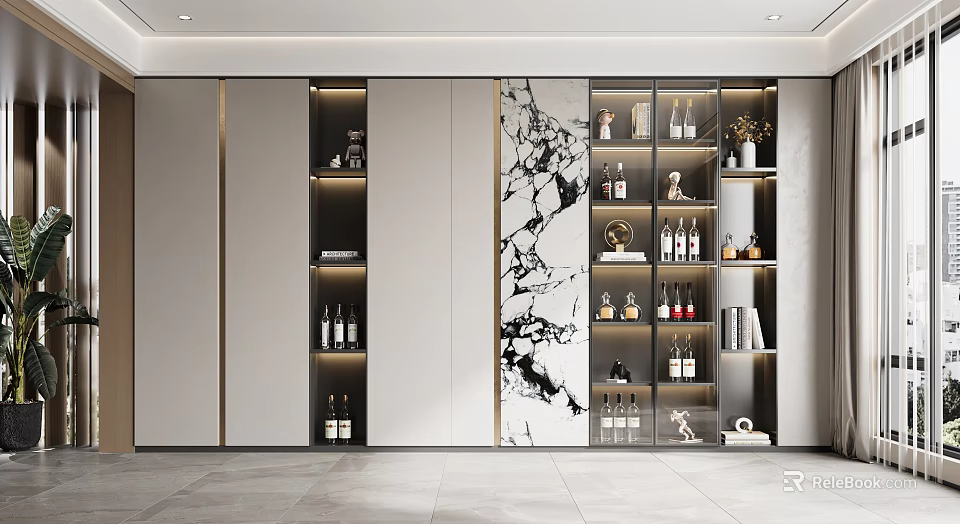 Modern Wine Cabinet With Marble Panel LED Lighting Displaying Wine Bottles And Decorative Items 3d model 