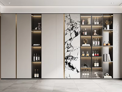 Modern Wine Cabinet With Marble Panel LED Lighting Displaying Wine Bottles And Decorative Items 3d model