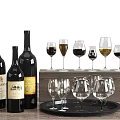 Stylish Wine Bottles and Various Glasses on Wooden Stand with Tray