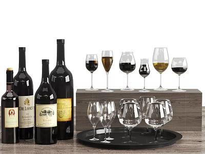 Stylish Wine Bottles and Various Glasses on Wooden Stand with Tray 3d model