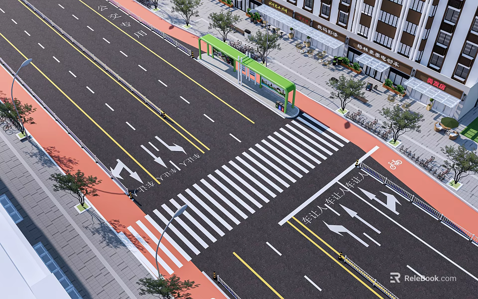 Urban Road Infrastructure With Traffic Lanes Zebra Crossing Directional Arrows Bus Stop Shelter And Trees 3d model 