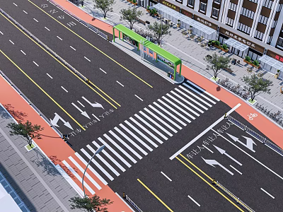 Urban Road Infrastructure With Traffic Lanes Zebra Crossing Directional Arrows Bus Stop Shelter And Trees 3d model