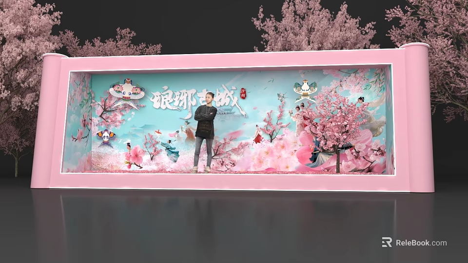Popular Photo Check-in Spot With Pink Cherry Blossom Decor And Cartoon Elements 3d model 
