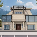 Modern Detached Villa Exterior Design With Stone Facade Large Glass Windows And Mountain View