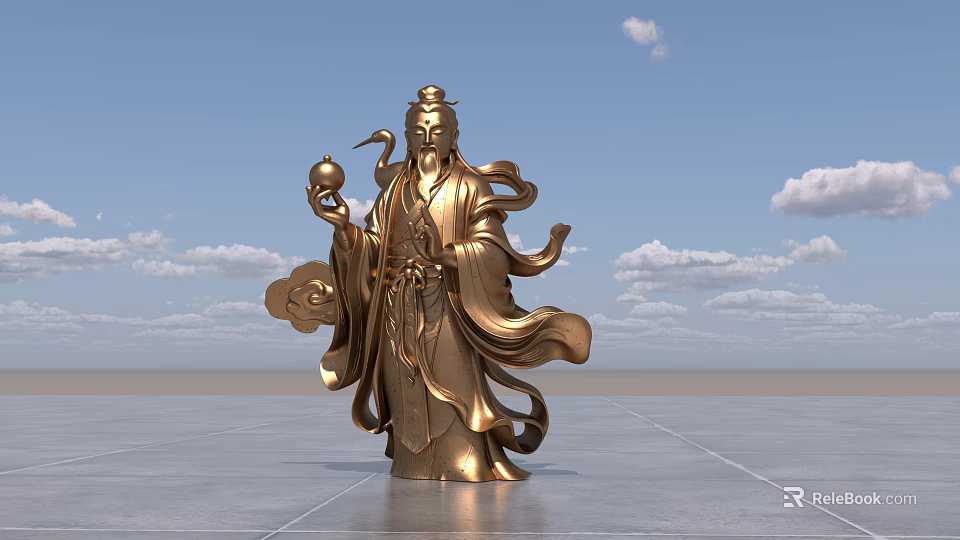 Golden Traditional Figure Landscape Sculpture With Flowing Robes Holding Object On Plaza Against Blue Sky 3d model 