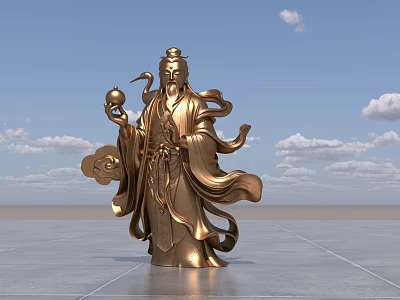 Golden Traditional Figure Landscape Sculpture With Flowing Robes Holding Object On Plaza Against Blue Sky 3d model
