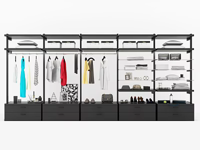 Modern Wardrobe Interior Design With Hanging Clothes Shelves Drawers And Accessories 3d model