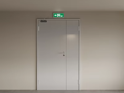 Gray Emergency Exit Door With Green Exit Sign In Building Interior 3d model