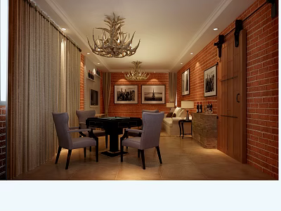 Hotel Mahjong Room With Red Brick Walls Chandeliers And Comfortable Seating 3d model