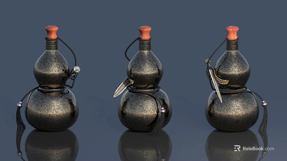 Three Traditional Gourd Containers With Orange Caps Black Rope Wrapped And Hanging Accessories 3d model 