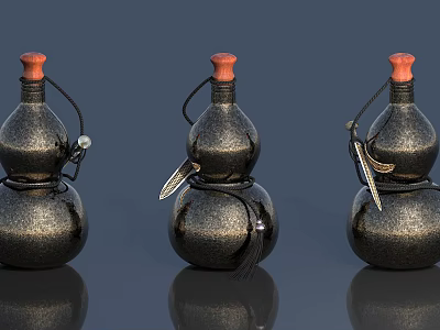 Three Traditional Gourd Containers With Orange Caps Black Rope Wrapped And Hanging Accessories 3d model