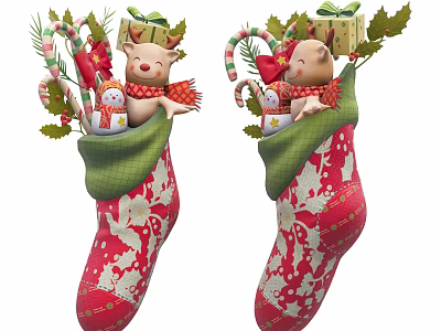 Christmas Decorative Ornament Set With Red White Patterned Stockings Reindeer Gift Boxes And Holly Leaves 3d model