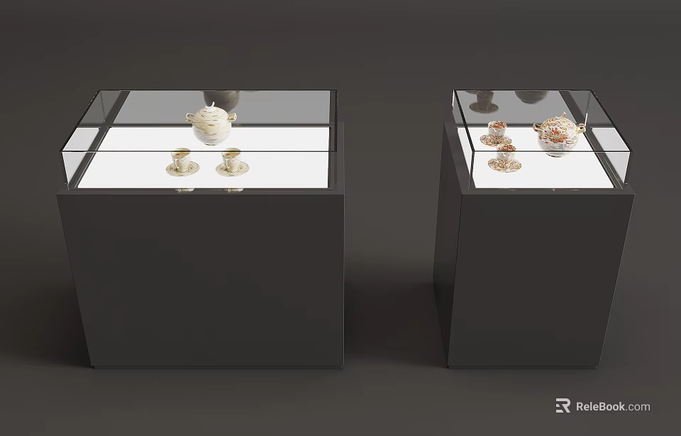 Dark Display Cabinets With Glass Top And White Interior For Decorative Art Pieces 3d model 