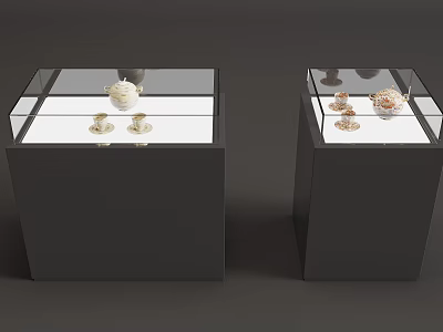 Dark Display Cabinets With Glass Top And White Interior For Decorative Art Pieces 3d model