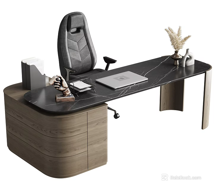 Modern Office Desk With Marble Top Wooden Base Ergonomic Chair Laptop Decorative Sculpture Dried Flowers 3d model 