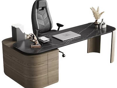 Modern Office Desk With Marble Top Wooden Base Ergonomic Chair Laptop Decorative Sculpture Dried Flowers 3d model