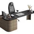 Modern Office Desk With Marble Top Wooden Base Ergonomic Chair Laptop Decorative Sculpture Dried Flowers