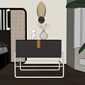 Modern Bedroom Nightstand With Black Cabinet Metal Frame Small Statue Vase Decorative Lamp And Plant