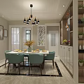 Modern Dining Room Featuring Stylish Chandelier White Table And Blue Chairs