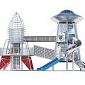 Outdoor Garden Landscape With Flying Saucer Shaped Tower Rocket Structure And Slides