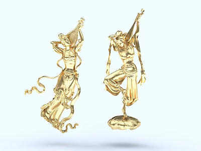 Elegant Golden Character Statues In Dancing Poses Holding Lutes With Flowing Ribbons 3d model