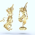 Elegant Golden Character Statues In Dancing Poses Holding Lutes With Flowing Ribbons