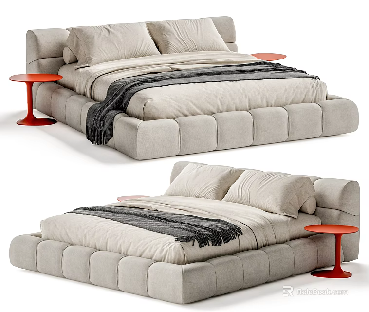 Modern Upholstered Double Bed Interior With Light Gray Design And Red Side Tables 3d model 