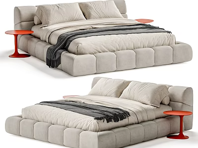 Modern Upholstered Double Bed Interior With Light Gray Design And Red Side Tables 3d model