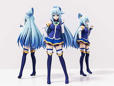 Anime Game Character Figure With Blue Hair Blue White Outfit Long Boots Multi Angle 3d model