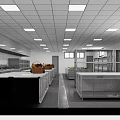 Modern Commercial Kitchen Layout With Stainless Steel Worktables Ceiling Lights And Vegetable Baskets