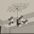 Modern Chandelier With White Spherical Shades Metal Frame And Ceiling Medallion In Minimalist Room