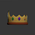 Golden Decorative Crown With Red And Green Diamond Shaped Gems On Wooden Hexagonal Base