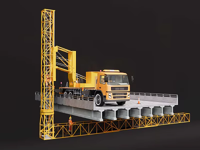 Yellow Heavy Duty Construction Vehicle Transporting Concrete Bridge Slab With Crane Structure At Construction Site 3d model