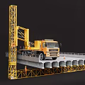 Yellow Heavy Duty Construction Vehicle Transporting Concrete Bridge Slab With Crane Structure At Construction Site