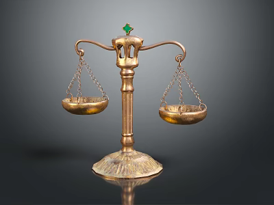 Golden Balance Scales with Green Gemstone on Top and Decorative Metallic Base Against Dark Background 3d model