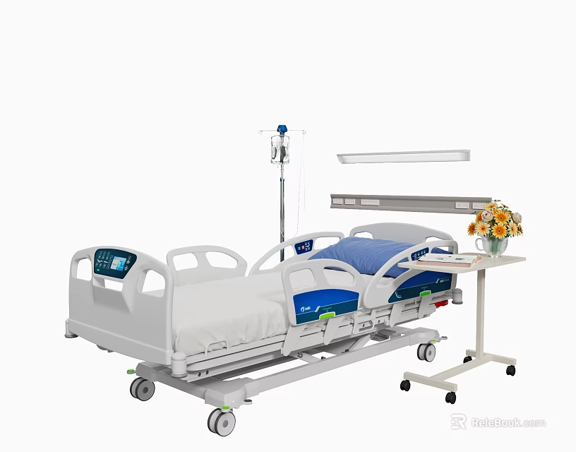Medical Bed With IV Stand Light Flowers And Side Table 3d model