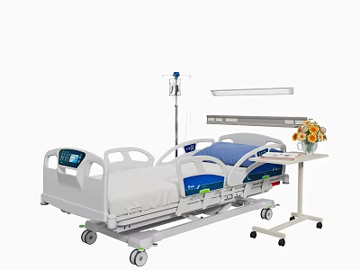 Medical Bed With IV Stand Light Flowers And Side Table 3d model