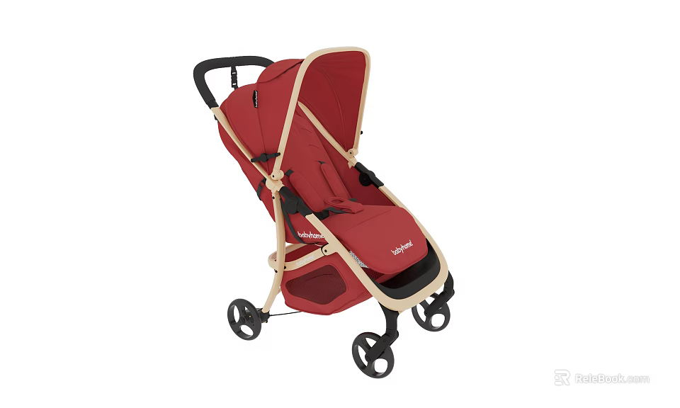 Red Baby Stroller With Lightweight Frame And Four Wheels For Toddlers 3d model 