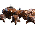 Handcrafted Root Carving Tea Table With Natural Wood Texture And Matching Stools