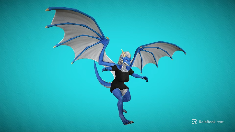 Blue Dragon like Game and Movie Character With Wings Black Top and Blue Pants 3d model 