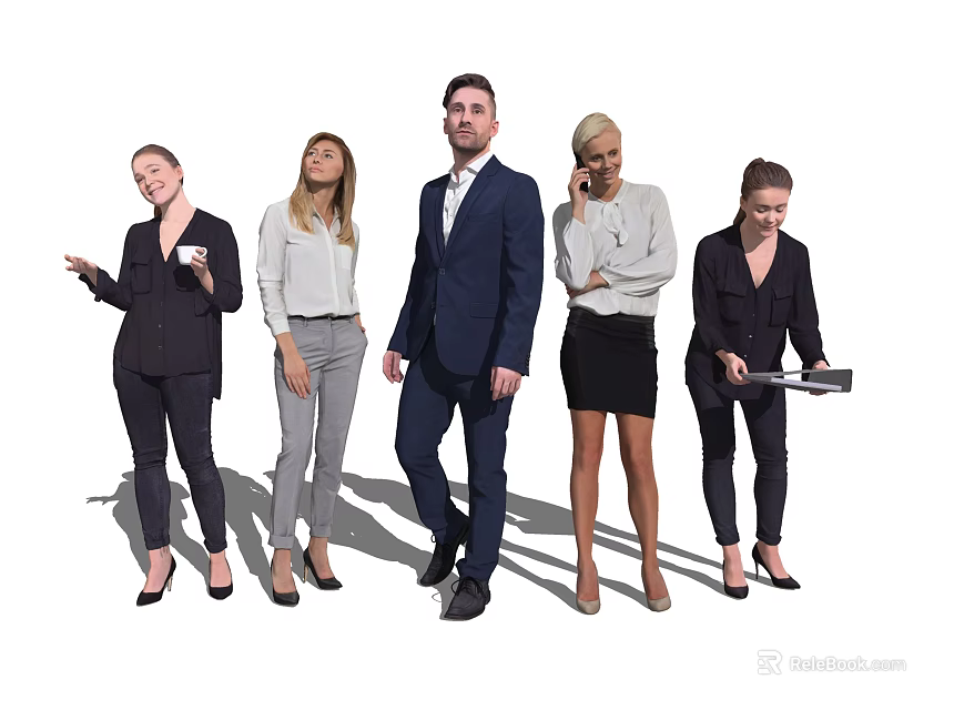 A group of business professionals in formal attire engaged in work activities 3d model 