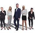 A group of business professionals in formal attire engaged in work activities