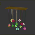 Elegant Yellow Shelf With Hanging Silver Spheres Of Various Sizes And Ground Reflections
