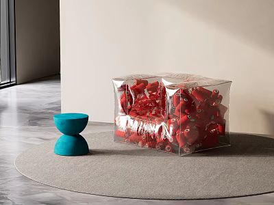 Modern Red Single Sofa In Transparent Cube With Blue Stool On Gray Carpet 3d model