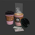 Pink Coffee Cup with Steam Open Lid and Small Cards on Black Surface